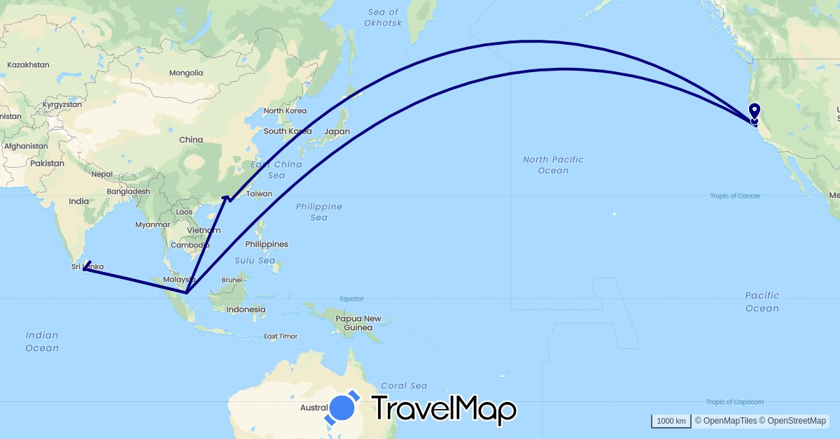 TravelMap itinerary: driving in China, Sri Lanka, Singapore, United States (Asia, North America)